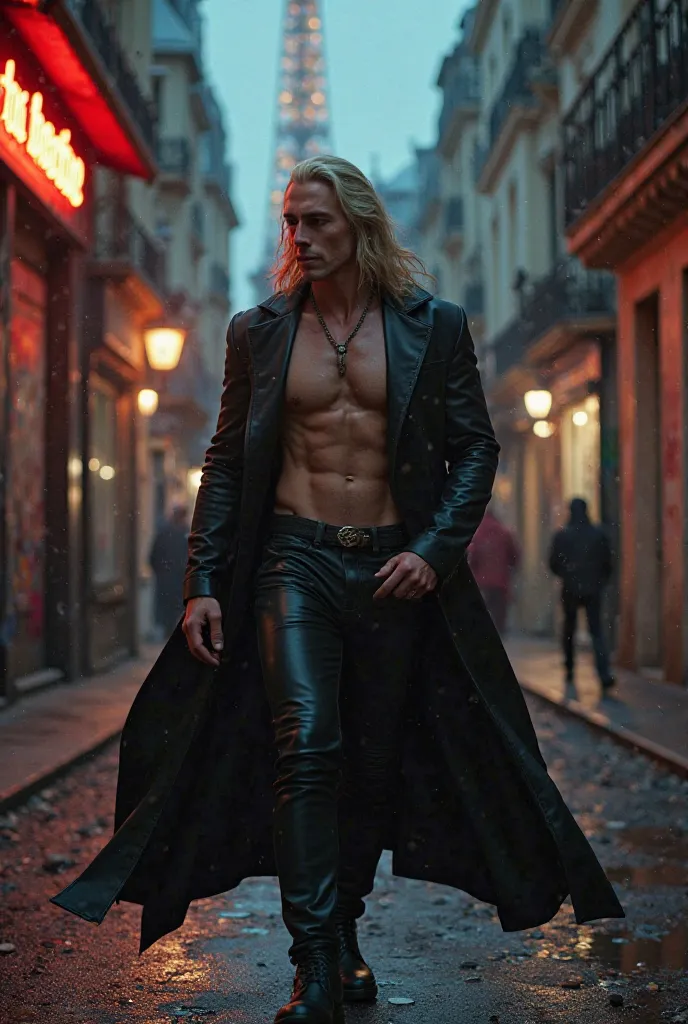 Ravishingly handsome French vampire with chiseled features, flowing long blond hair cascading down his back, strolling through Paris, near the Eiffel Tower clad in tight black leather trousers and a long, fitted leather coat that accentuates his bare, musc...