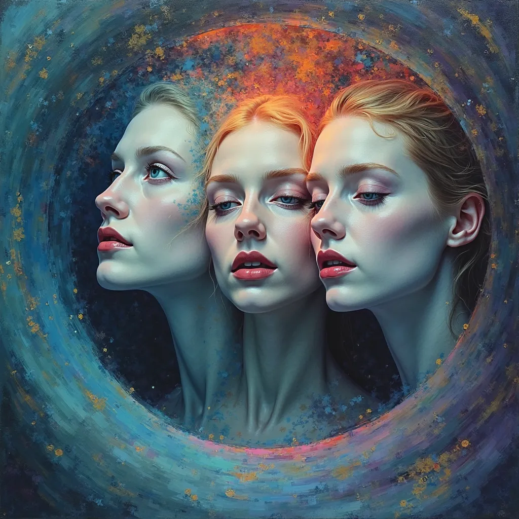 a spiral of colors formed on three blurred faces of women,  high quality, oil painting effect, fantasy portrait,  surreal architecture , dramatic lighting, vibrant colors, ultra detailed details, monochrome palette color, soft focus, Masterpiece