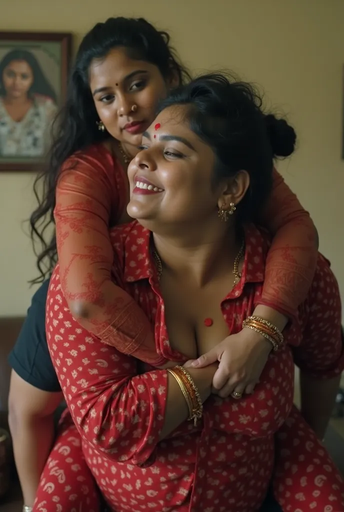 The beautiful Malayali woman sits on her servant's  boys shoulder, women age is 30, large breasts, Wearing red printed Kurtis, ponytail Black Hair, full figure, Drunk, walking, reverse shoulder ride, wearing shoes , close up, dancing, realistic photos, rea...