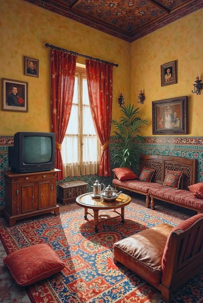 An oil painting of the interior of an old Moroccan house from the 1990s. The room is adorned with traditional Moroccan decor, featuring richly patterned rugs, colorful mosaic tiles, and wooden furniture with intricate carvings. A classic CRT television sit...