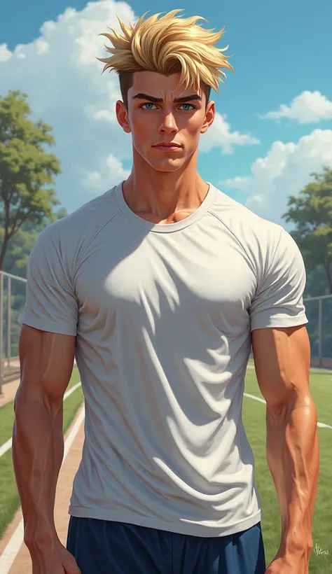  short and spiky blond hair , blue eyes and an athletic physique. He usually wears a sports t-shirt and shorts. 

Make this young man in realistic art and in his 20s 