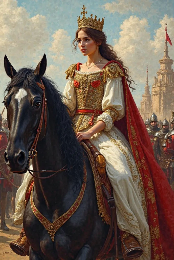 A queen in aristocratic dress and crown and brown hair sitting on a black horse, white and red dress, crown with a cross, facing an enemy army on the left of the picture, on the right side of the image of a city on the right side of the picture, characters...