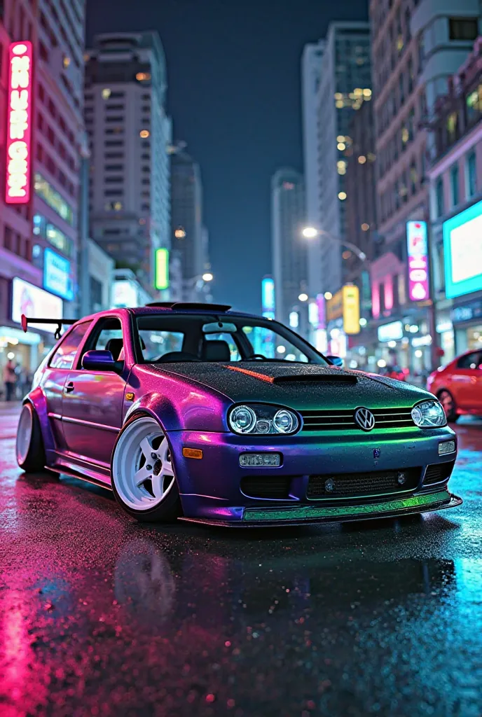 Volkswagen R32, tuning , air vents on the hood, purple and green body, white rims, , stops at the intersection, night city.