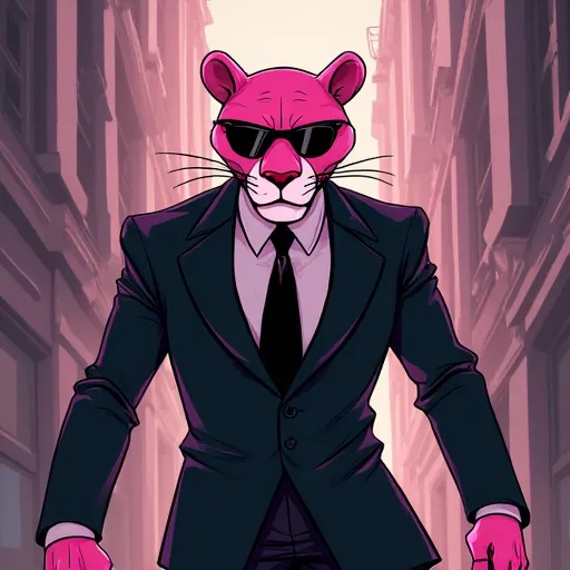 Pink panter, wearing black suit, black sunglasses. angry, cartoon, 