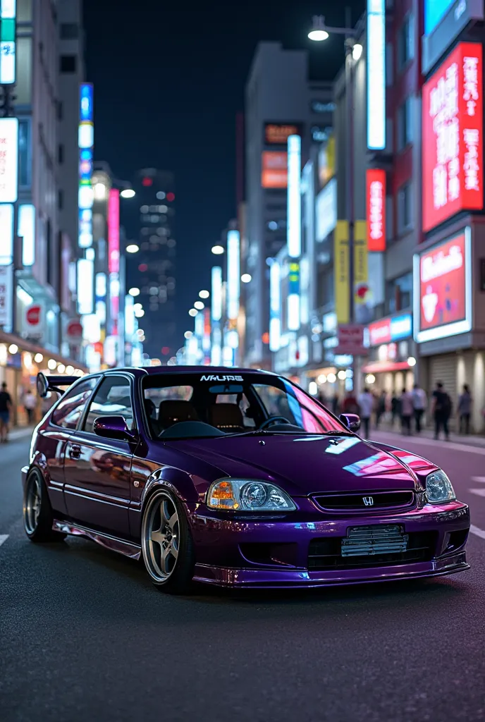 a tuned, dark purple honda civic ek4 hatchback in the streets of tokyo at night 