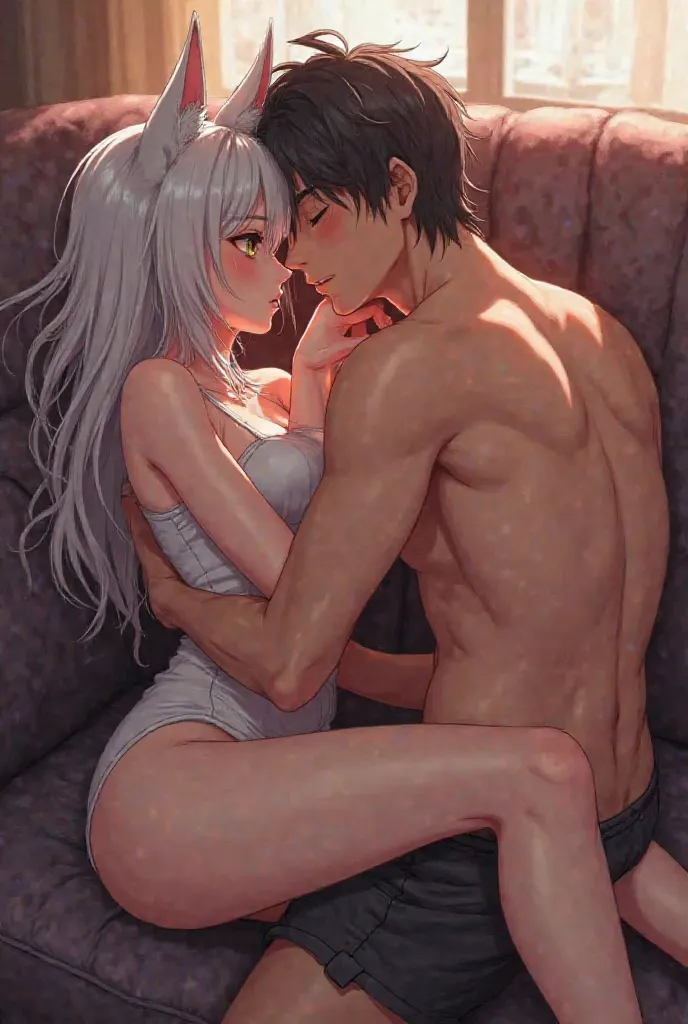 A girl whit white cat ears and white hair , normal tits fucking with a boy at on the sofa and cum anime version 