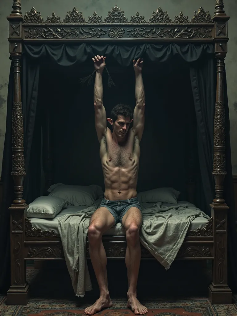 Create image of a man with slightly pointed ears attached with his arms and legs tied to the half-naked bed canopy on a four-poster bed in a medieval bedroom, the bed is covered with black curtains
