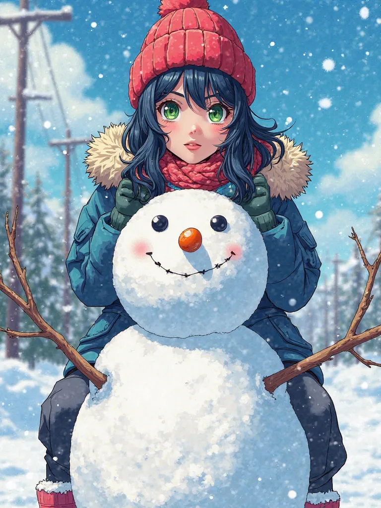 Colored manga panel, ,  a  , In cold clothes with a furry red cap, The fringe is dark blue wavy, dark green eyes. She's in the snow sitting on top of the snowman. 