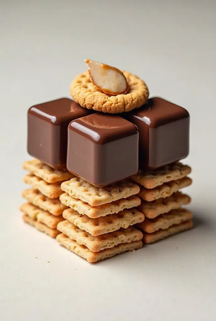 Let 6 cubes go side by side, let them come together and form chocolate. Okay, full caramel filling inside the bottom six thin biscuits and the top almond croquet