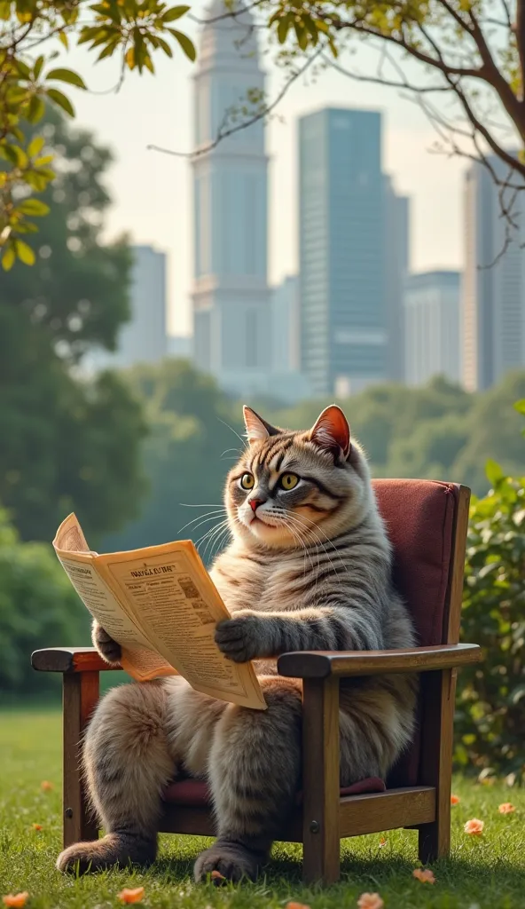 reading the photo of the newspaper,(is a big, realistic and fat cat sitting on a chair in the center's garden) Calm your nerves, in the side of Central Park,  A colorful picture , Kuala Lumpur City in the background 