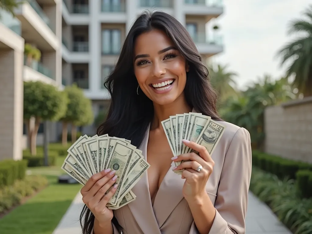 A beautiful woman, king, long black hair, elegant and smiling , posing in a relaxed and fun way in a luxury condominium. They are dressed in sophisticated clothing,  holding money bills in his hands , conveying a sense of success and happiness. The setting...