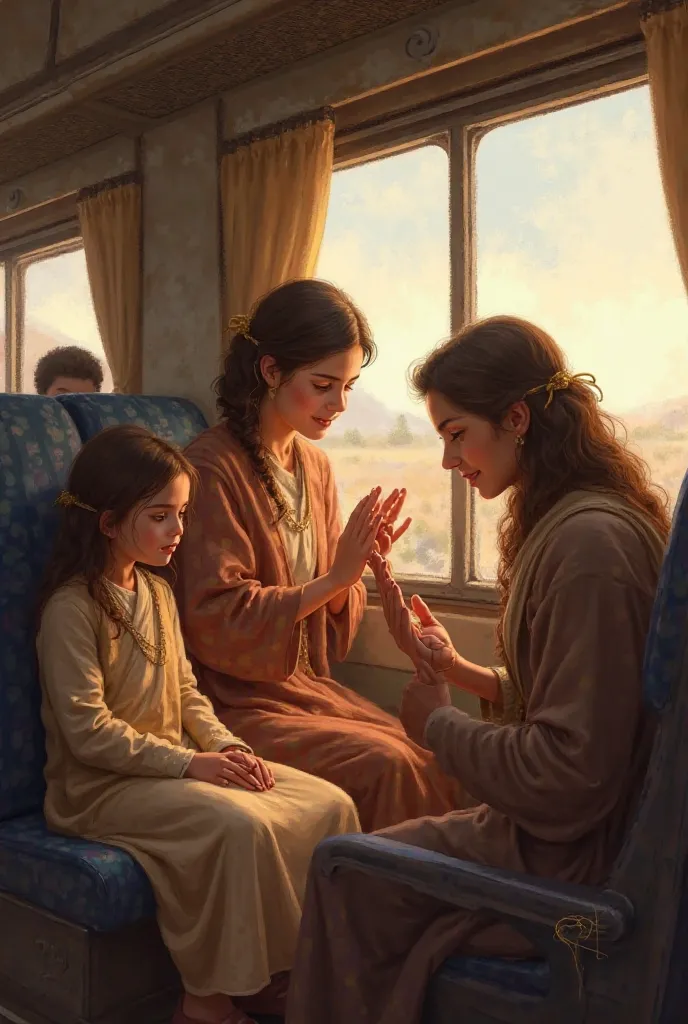 Two girls are sitting in a train seat and there is a mother of her. A boy is getting blessings from the mother.