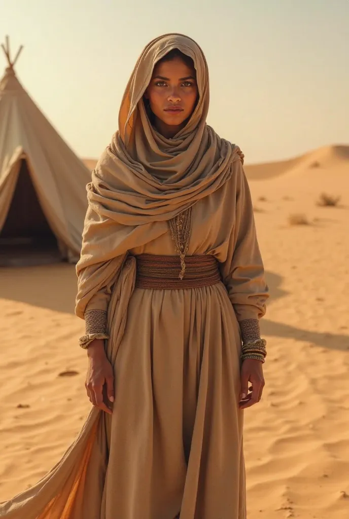 Lubaba bint Al-Harith (রা.) stands confidently in a desert setting, her face partially veiled, revealing eyes filled with determination. She wears a traditional Arabian thobe and a shawl draped over her shoulders, the fabric fluttering in the wind. Behind ...