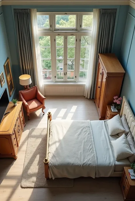 From overview, upperviw, Bedroom, with white bed and blue walls, luxurious wood furniture, big windows, vintage theme, trees outside window, study table, wardrobe, curtains