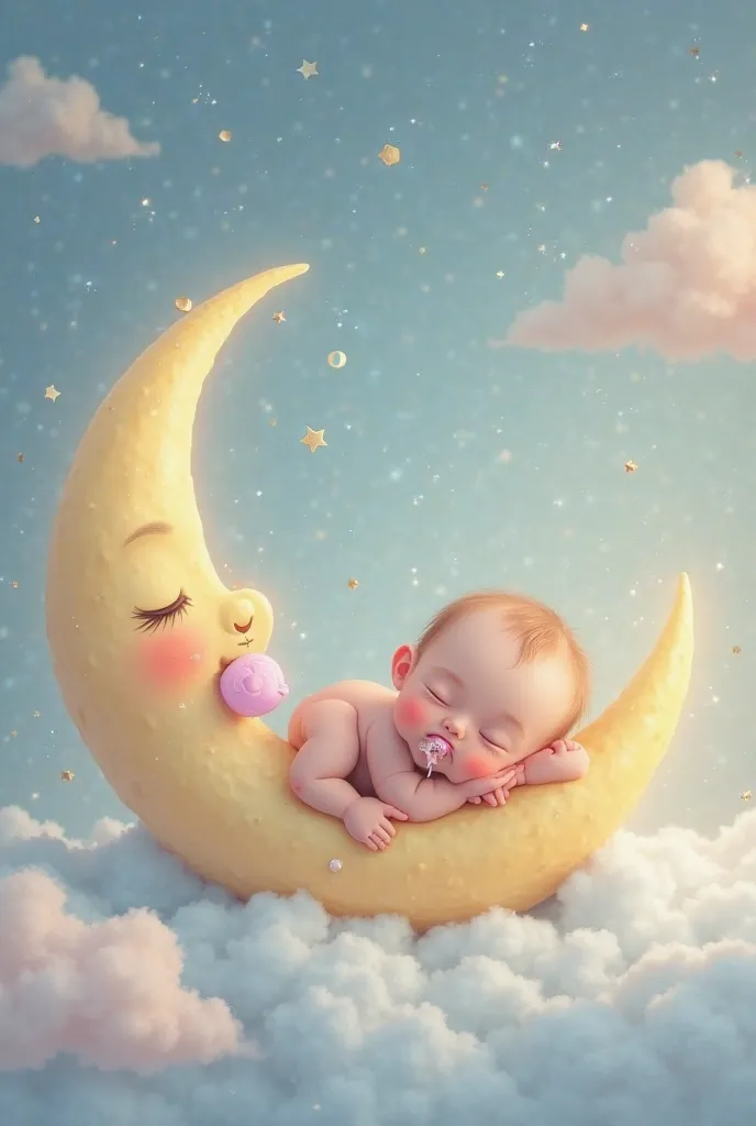 Generate the image of a baby with a pacifier sleeping on an animated moon with a face