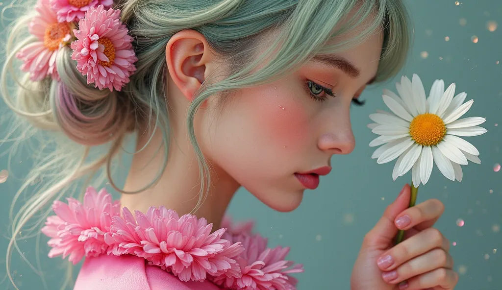  Woman, Hair with various pastel shades, green eyes, her looking at a daisy in her hand, , very colorful and bright pink clothes,  eyes with tears, proportionate 
Profile, beautiful, masterpiece, score, Awarded multiple times, High Details,  Textured Skin ...