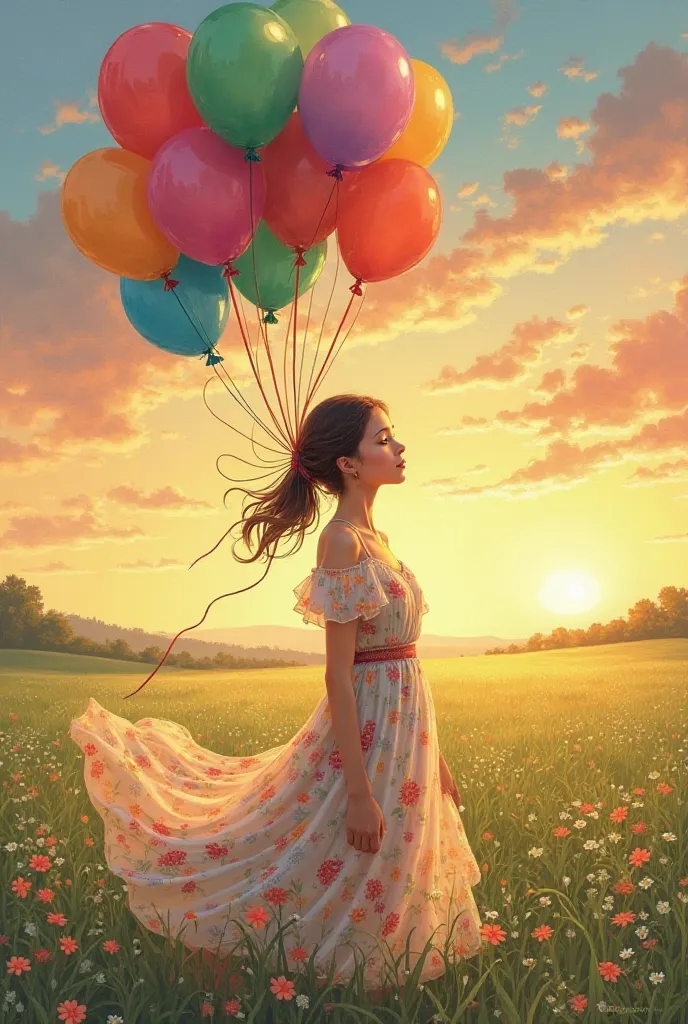    
 A woman in a flowery dress , holding a bouquet of colorful, balloons in an open field with the sky in the background painted by the vibrant colors of the sunset.
 realistic drawing style 