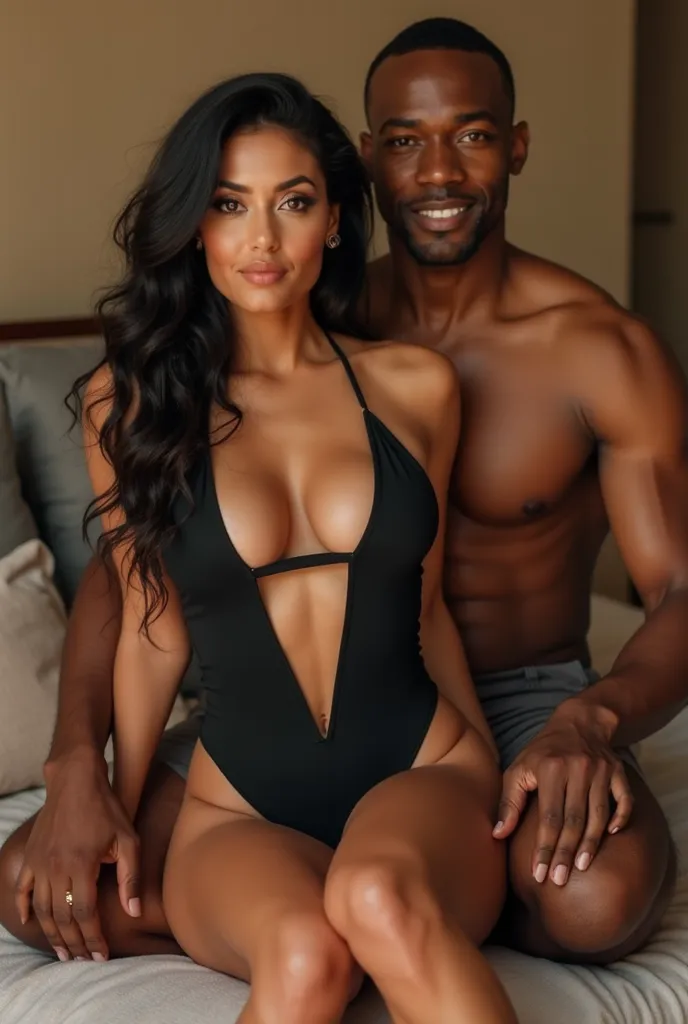 "Maria, a stunning Latina mom in her early 40s with a curvy, athletic body, sits comfortably on Jamal’s lap, wearing a revealing black monokini that hugs her figure perfectly. The deep-cut design accentuates her toned physique, and her long, dark hair casc...