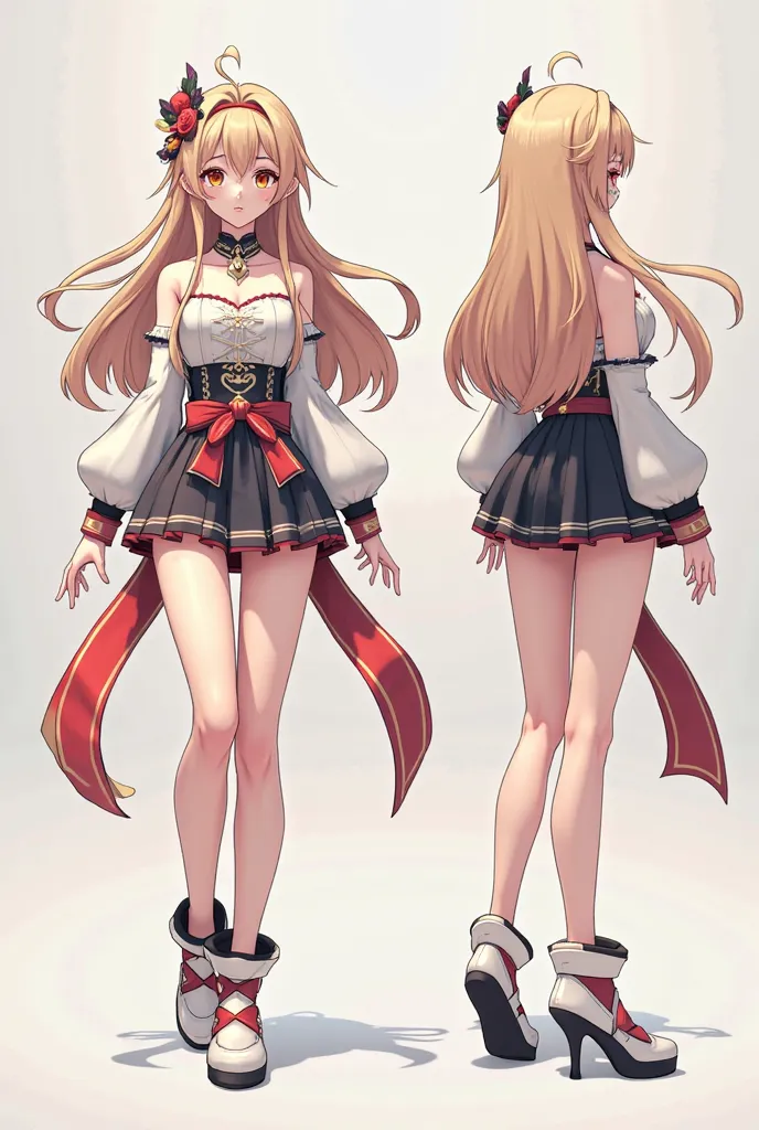 female character, anime style, full body, character sheet, front view, side view, back view, low poly, blender, genshin impact, legends of neverland