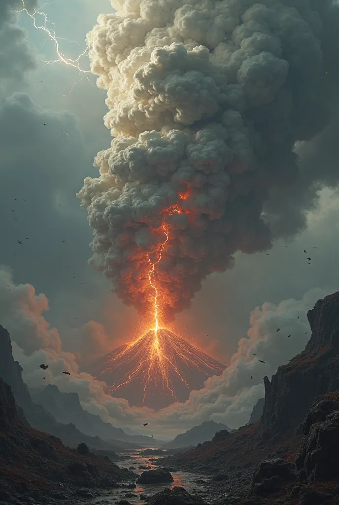  A massive volcano erupting, but the smoke forms ghostly faces in the sky."