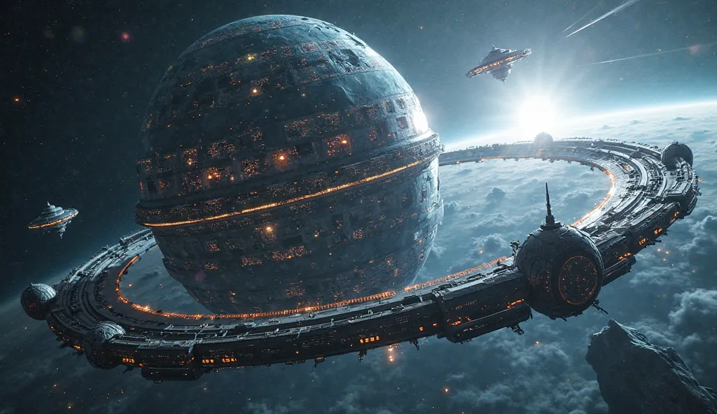 A colossal Dyson Sphere floating in the depths of space, encasing an artificial sun. It is an awe-inspiring technological marvel, with massive interconnected cities in orbit and sleek, futuristic human starships patrolling its perimeter. The structures are...