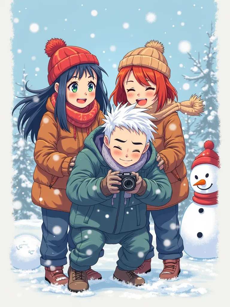 Colored manga panel, three young people , A woman, With dark blue straight long messy hair with a red cap, dark green eyes, Are you wearing a cold suit,  is smiling alegremente na garupa de A woman. With medium straight messy red hair,  orange eyes, Are yo...