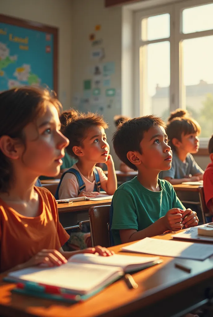 Create a photo of students in class listening to music