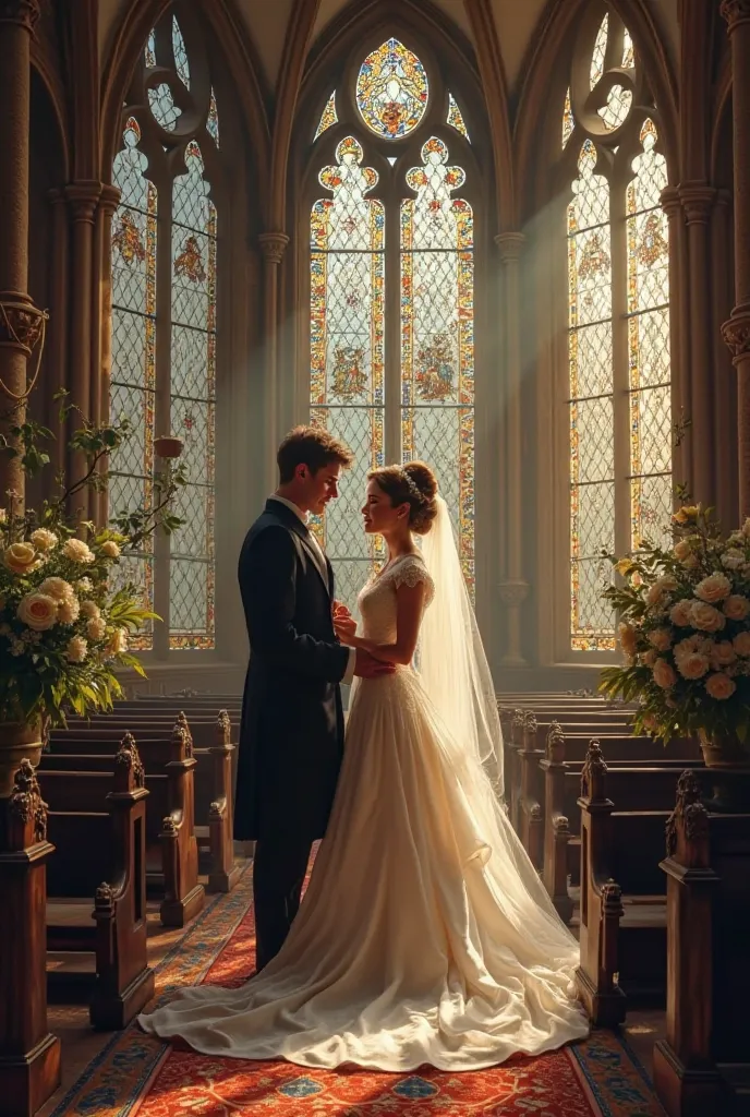 I would like to create a scene where an engaged couple are getting married in a Gothic church, with large Gothic stained glass windows,  Romantic, Gothic art has to be very present on the scene, realism, the girl in a beautiful white dress and the man in a...