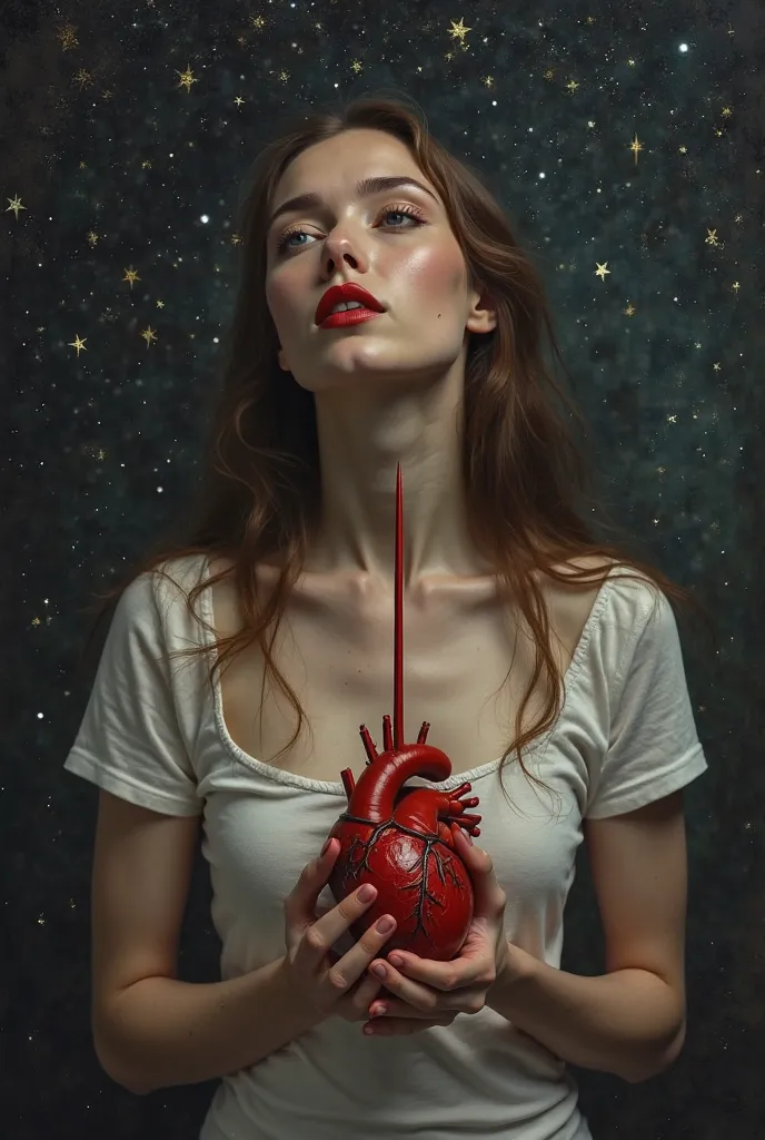 On a starry and dark background, a woman has her chest pierced by a long and sharp hand. The woman's heart is on the hand that goes through the chest, Ripped, The hand squeezes the heart hard, qui coule du sang 