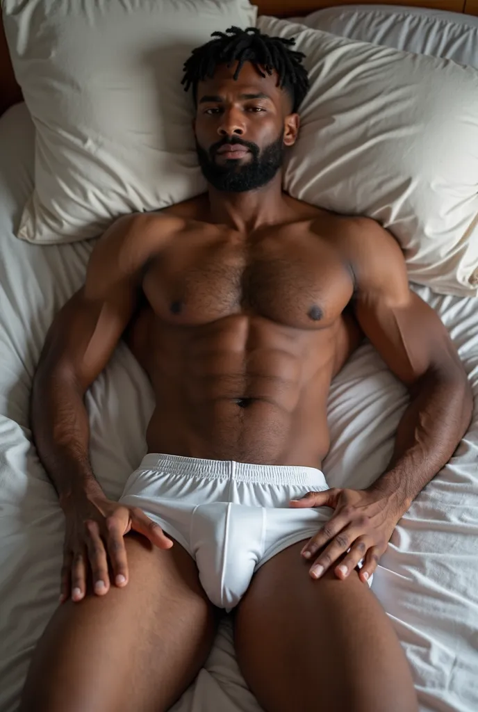  a man lying in bed, Only in shorts style underwear,  by marking the penis , He is a young African from North America. He is very muscular and naughty, He has hair all over his body. She has huge tits,  thighs and big butt.