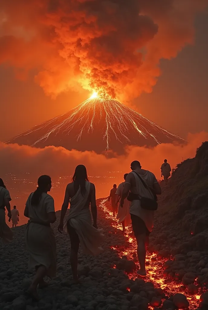 Narrative artistic photograph from above with dramatic tones of the volcano Vesuvius erupting while its lava bathes all over Pomepya they see Men, women and ren run in all directions, With expressions of terror on their faces. some shout , with their eyes ...