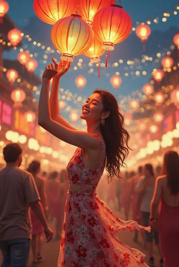     A woman in a flowery dress , holding colorful lanterns at an evening festival, surrounded by other people and vibrant lights, creating a festive and joyous atmosphere
Realistic design style