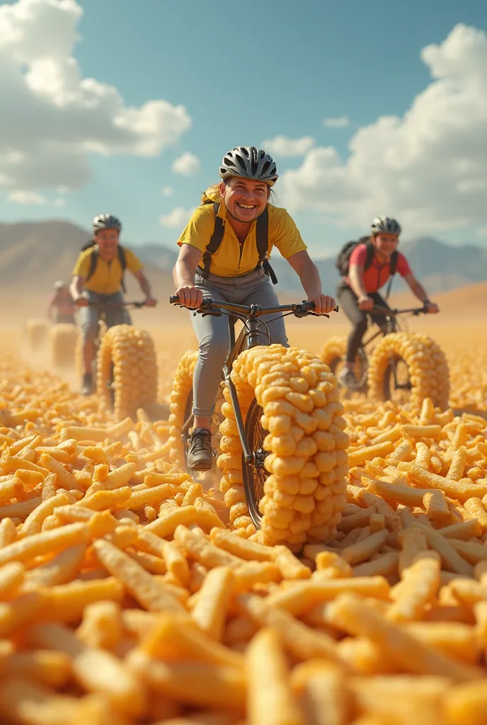 Gravel bikers on bikes with French fries wheels, French fries are everywhere
