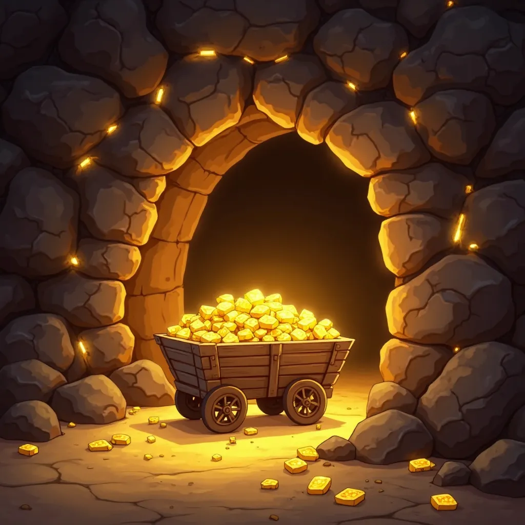 A cartoon-style gold mine entrance glowing brightly against a dark, mysterious background. Thick, shiny gold veins run through the rocky walls, sparkling like treasure. A wooden minecart overflowing with oversized, gleaming gold nuggets sits at the entranc...