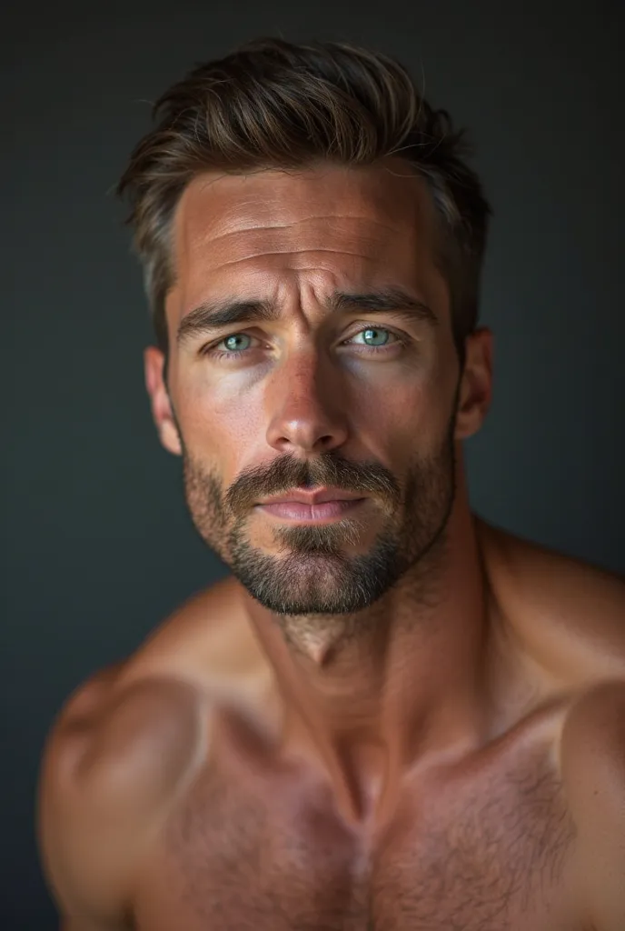 Portrait of a handsome muscular white male in his 30s. Thin beard. round face. Wearing tshirt. Short hair. Blue eyes High Resolution, 