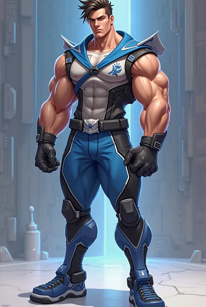 overwatch style character Male mascular with sailor outfit, blue and black, cool, no beard, sci-fi, T pose, fullbody, simple