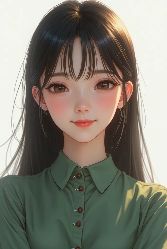 White-skinned girl straight dark hair short small nose , big animated eyes but more realistic,  beautiful smile,  formal green blouse with buttons ( white background)