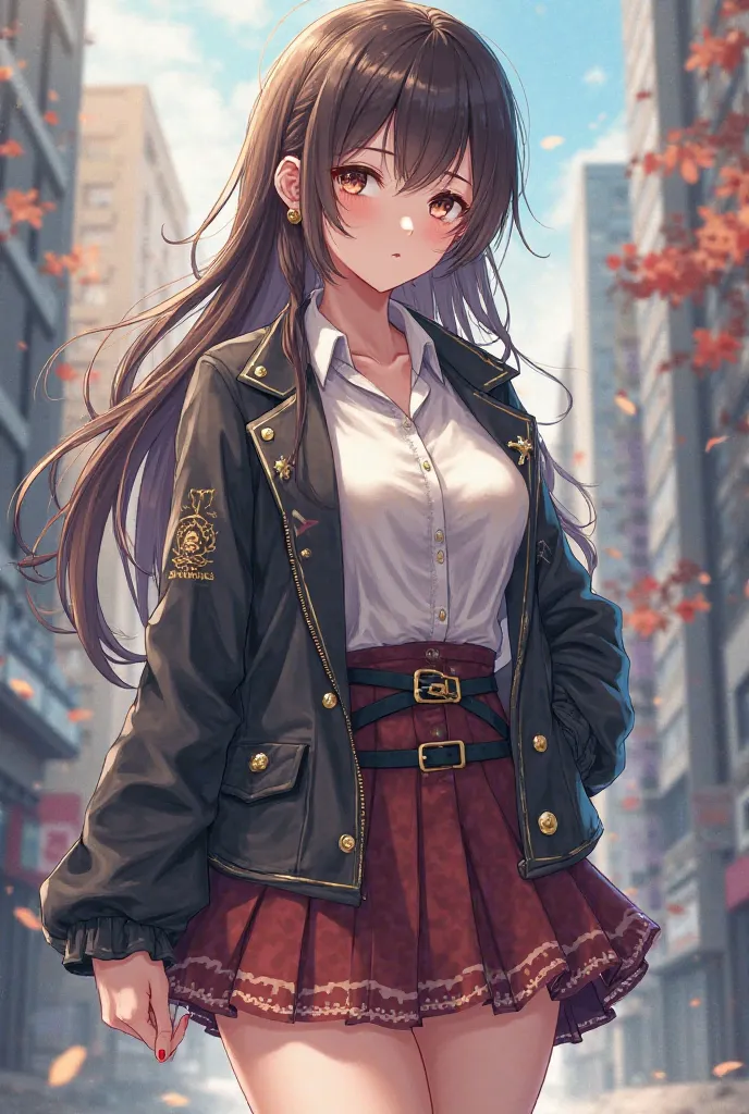 Anime girl wearing skirt with gater belt and jacket 