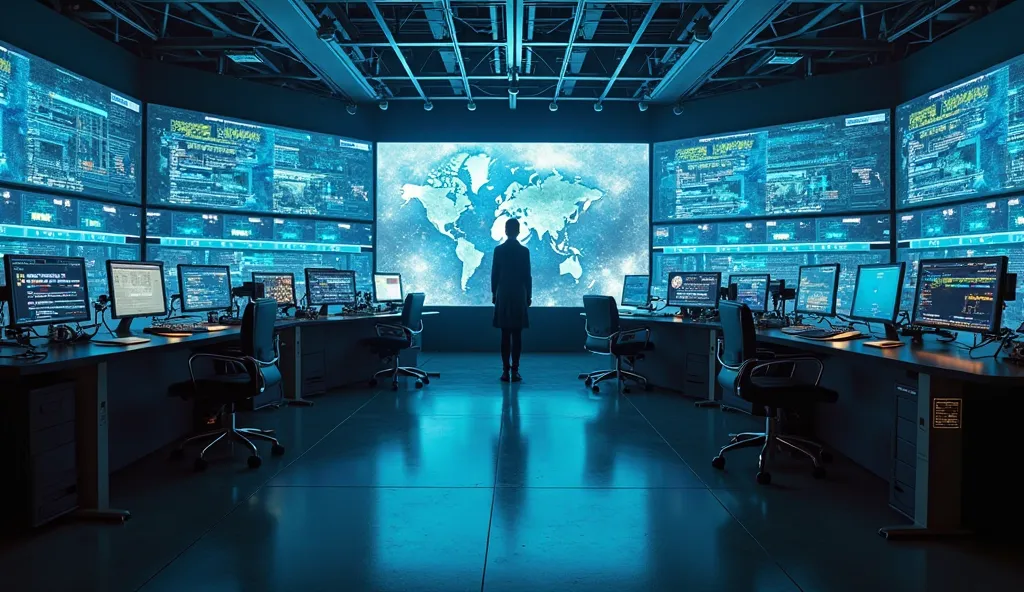 A high-tech control room with massive screens and blinking servers. The atmosphere is cold and clinical, illuminated by the soft glow of blue light from the digital interfaces. The room is filled with complex data streams running across screens, showing in...