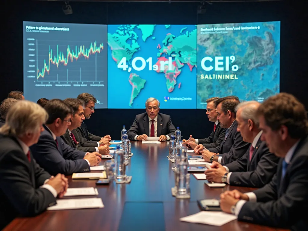 Global action against climate change - leaders coming together":
Image of a large conference table with world leaders from different countries, represented by their flags, debating and making decisions for the climate. The environment is serious and collab...