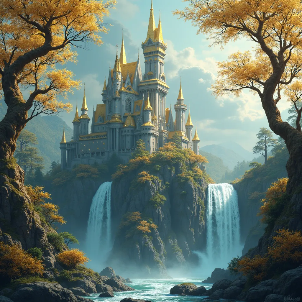 A castle with yellow towers that mixes magic and technology, It is located on the peak of a waterfall surrounded by a forest with beautiful and twisted yellow trees