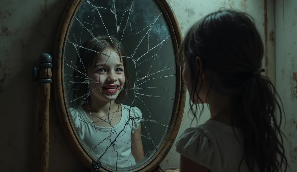 A disturbing reflection in a cracked mirror that shows the shadow of the girl smiling in a creepy way, while the real girl seems terrified.
