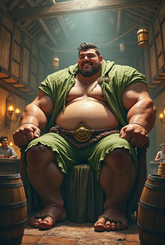 Giant young man, gordo,  four meters tall , sitting on a chair, in the background a tavern setting, He wears a green cloak
