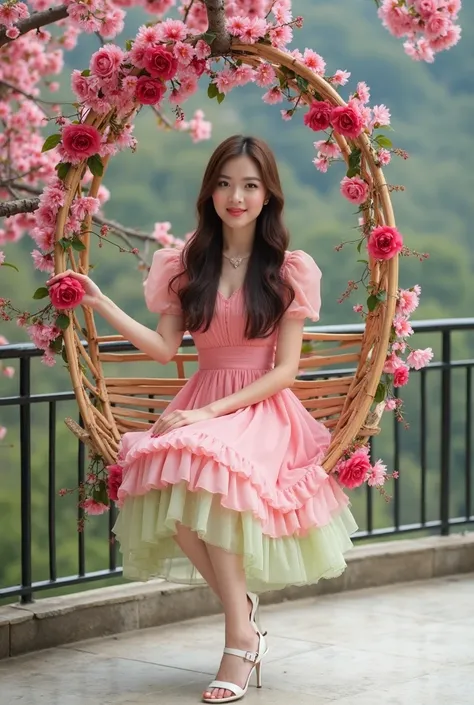 foto close up Seorang wanita muda  tailand Korea cantik anggun, mata coklat, smile,  long hair ornamental flowers . .  wearing bright pink  dress soft green gradation round short-sleeved dress . .  with tiered petals  , rok lebar sedikit smile lembut, whit...