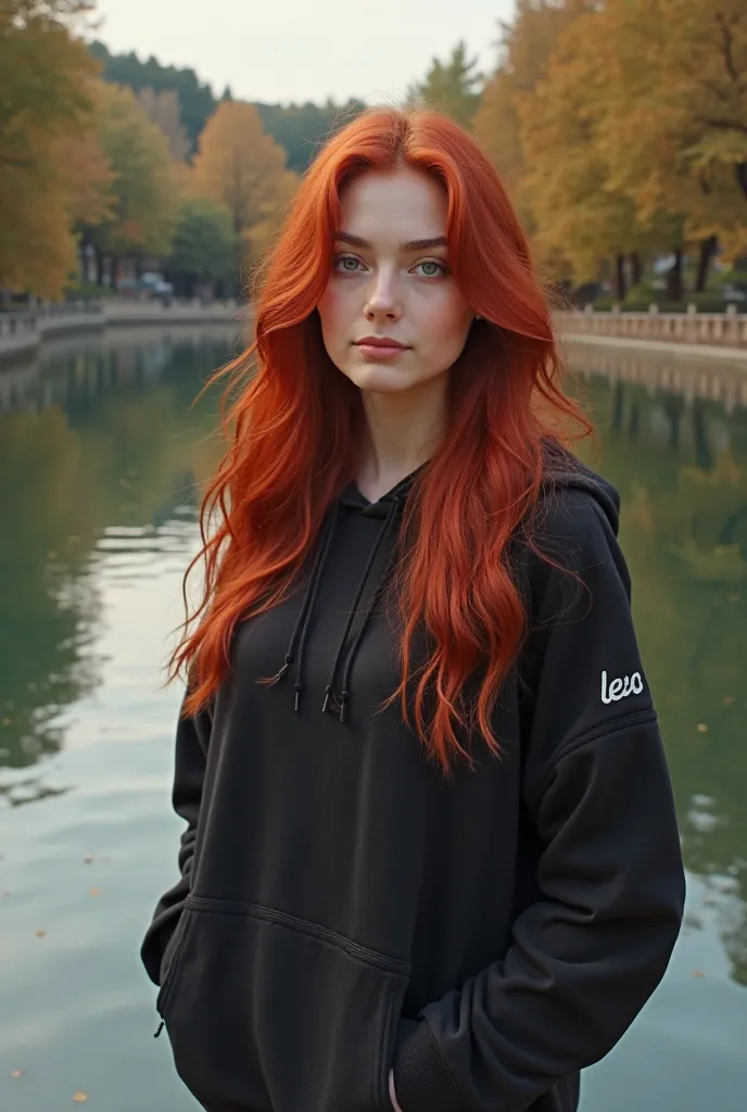 Beautiful redhead girl 25-30 years old with red wavy long hair in a black hoodie, black top and jeans with a full-length lake background, wearing sneakers