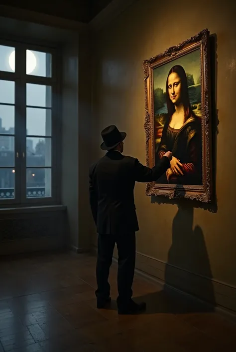 "Create a dramatic scene of the Mona Lisa being stolen from the Louvre in 1911. Show a shadowy figure (Vincenzo Peruggia) carefully removing the painting from the wall in a dimly lit gallery. The atmosphere should be tense and mysterious, with faint moonli...