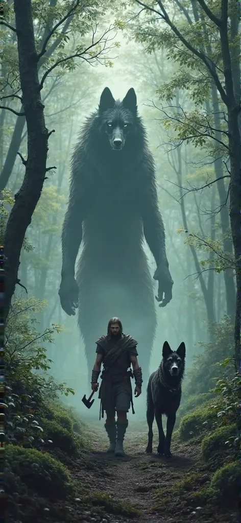 An unarmed warrior walks through the forest with an ax and behind is a giant big black wolfhound like a ghost , art from the movie