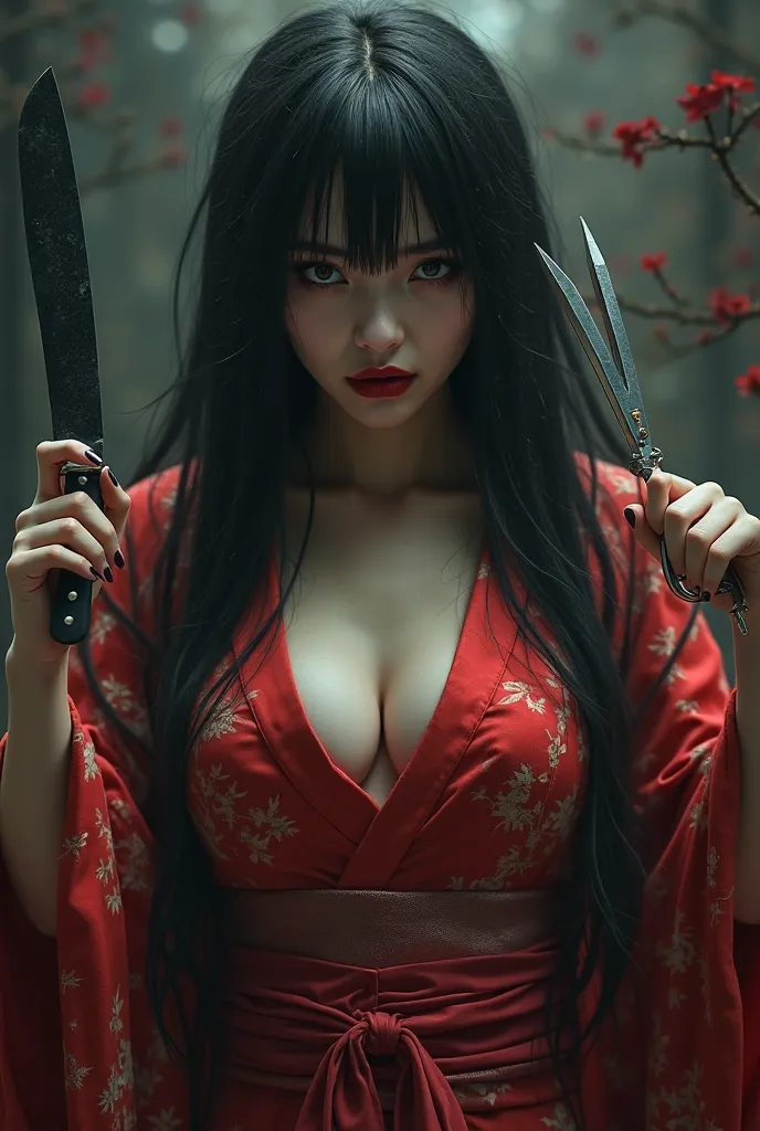 Anime Kuchisake onna, the slit mouthed woman, in red japanese kimono, holding a black knife and a pair of scissors and smiling softly. Dark silky hair, amble cleavage