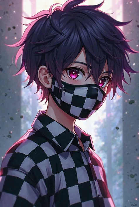 Create a boy anime character with brown hair eith half purple and half black mask on and a checkered shirt black and white