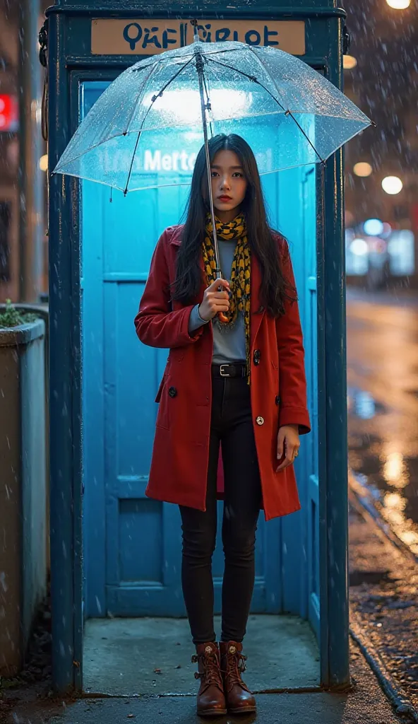 professional real photo realistic A 22-year-old Korean woman with long black hair, wearing a red coat and a blue shirt inside, wearing a yellow and black scarf around her neck, wearing black jeans leggings, wearing high brown hag leather boots. Hand holdin...